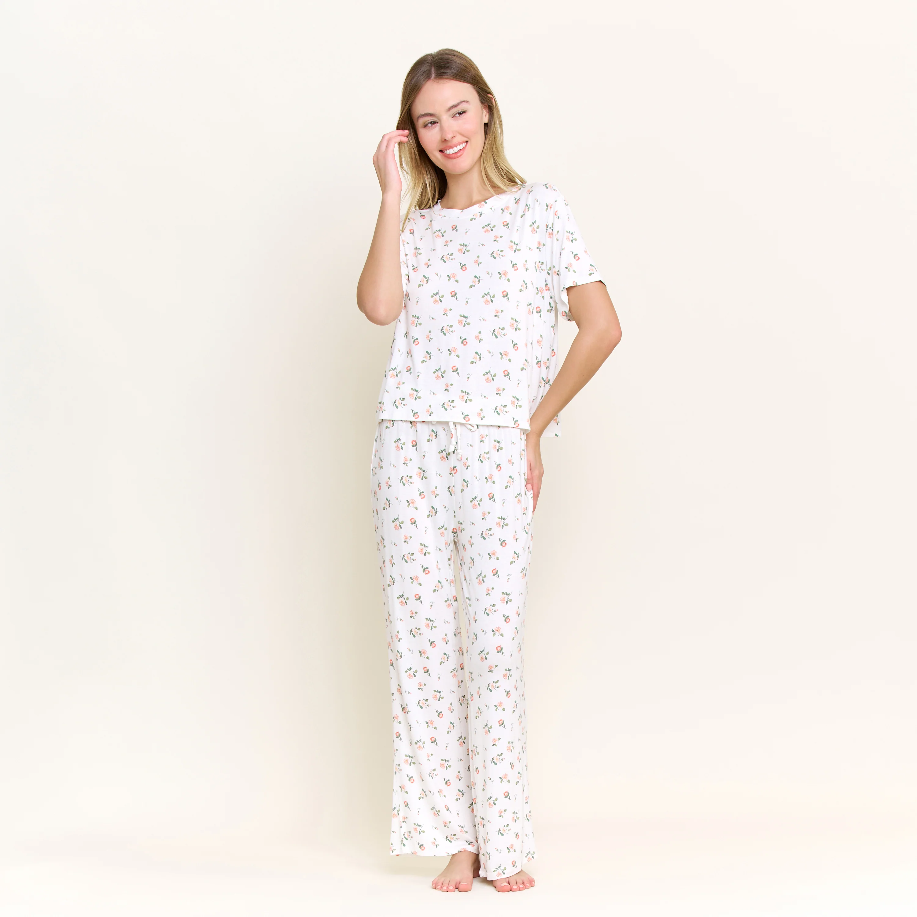 All American Tee Pant Set in Ivory Rosebuds