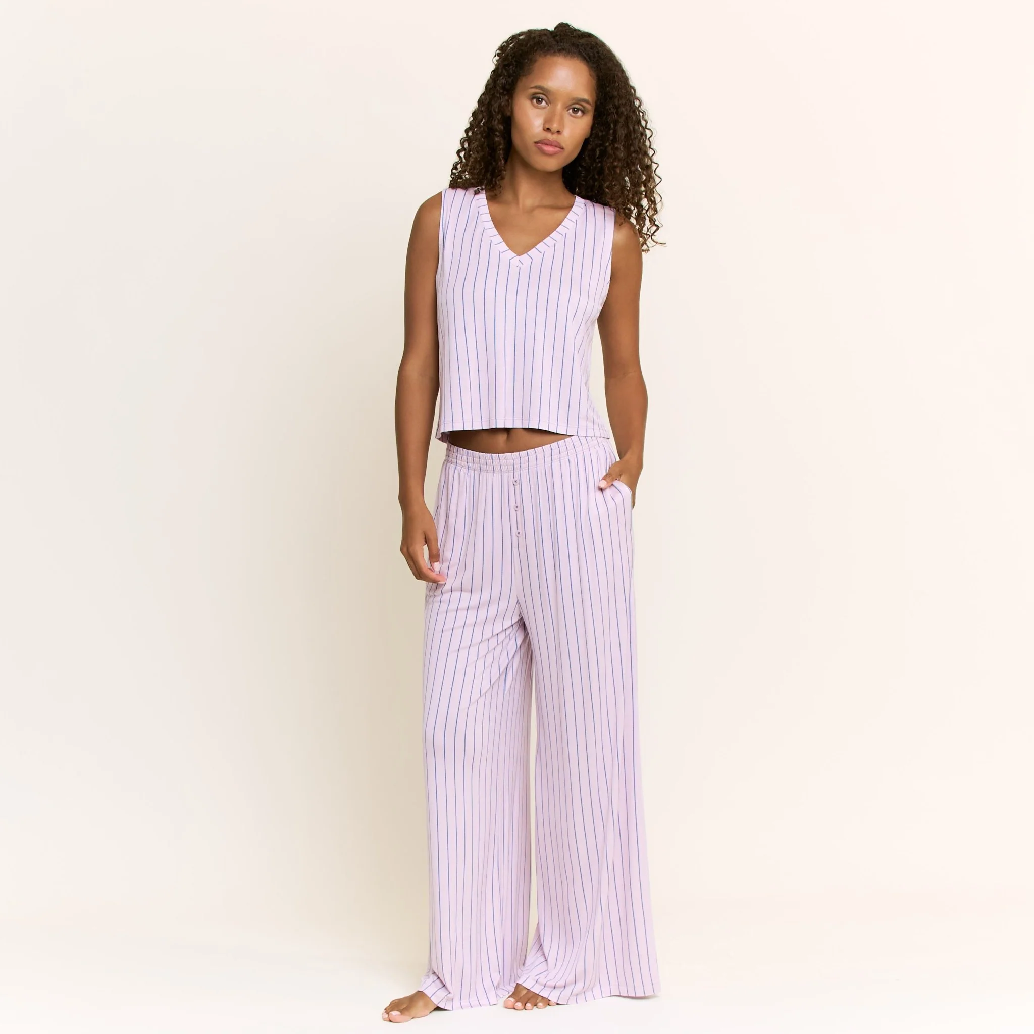 All American V Tank Pant Set in Lilac Dew Pin Stripe