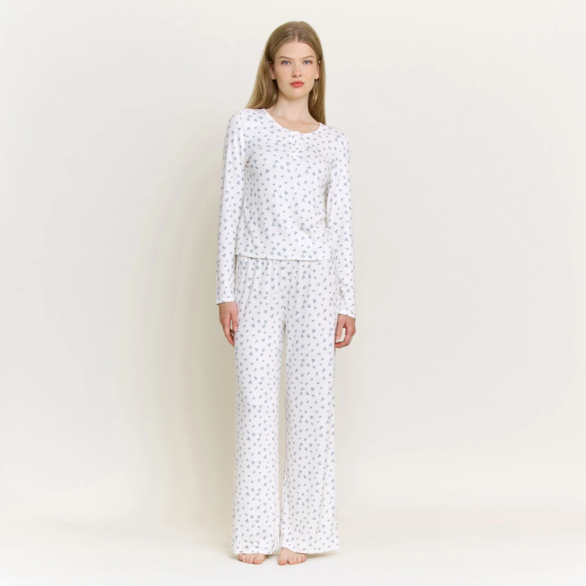 Blissful Long Henley Set in Ivory Ditsy