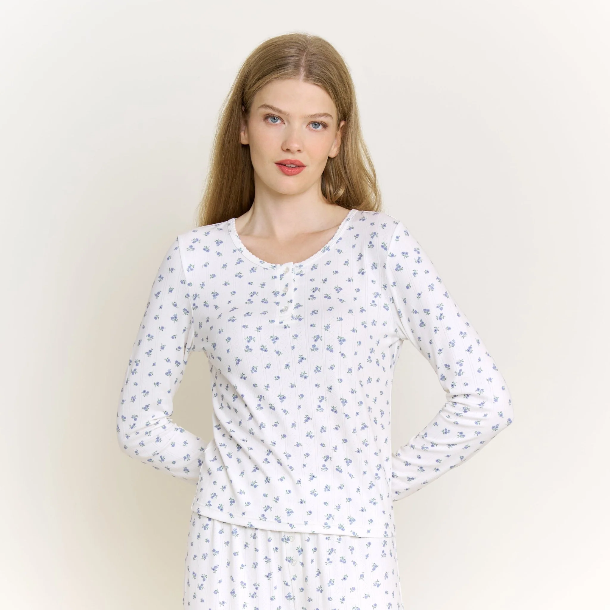 Blissful Long Henley Set in Ivory Ditsy - Image 2