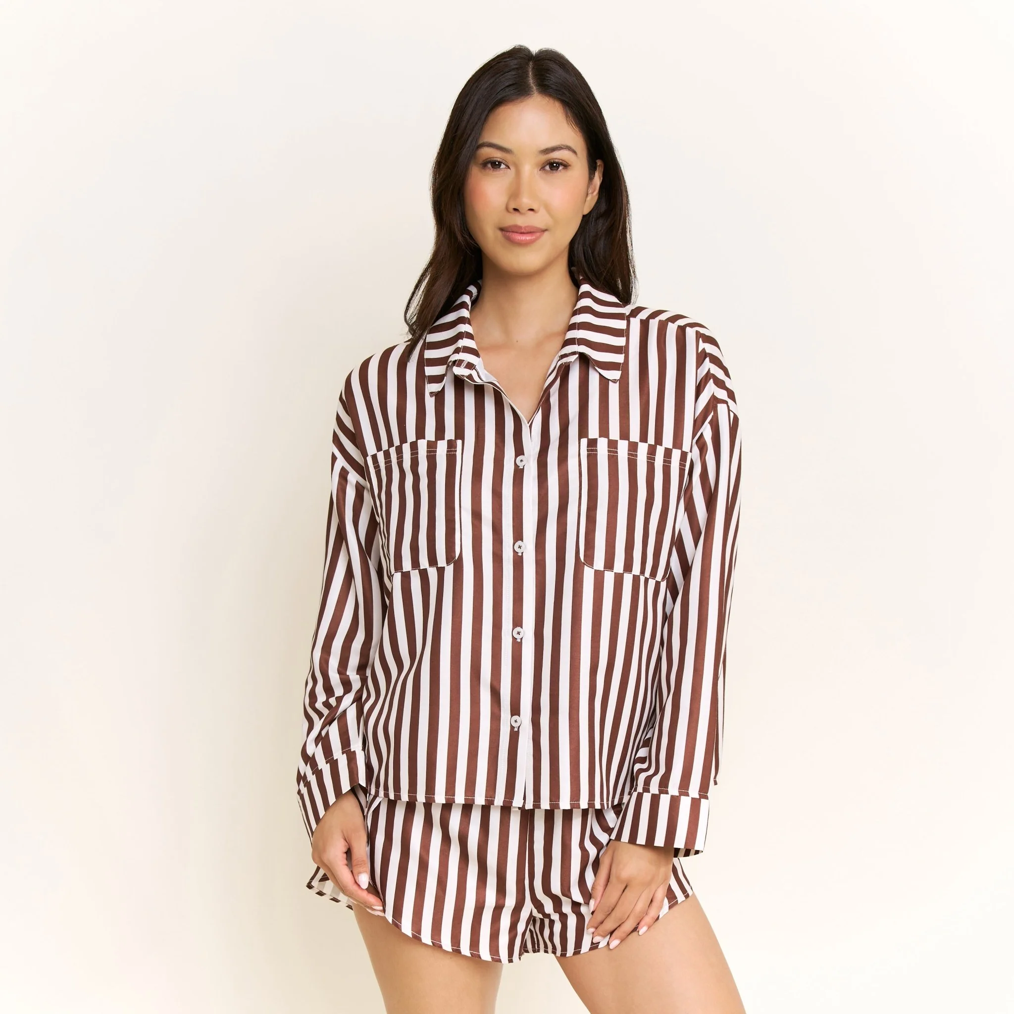 Brunch Date Long Sleeve Shortie PJ Set in Chocolate Stripe