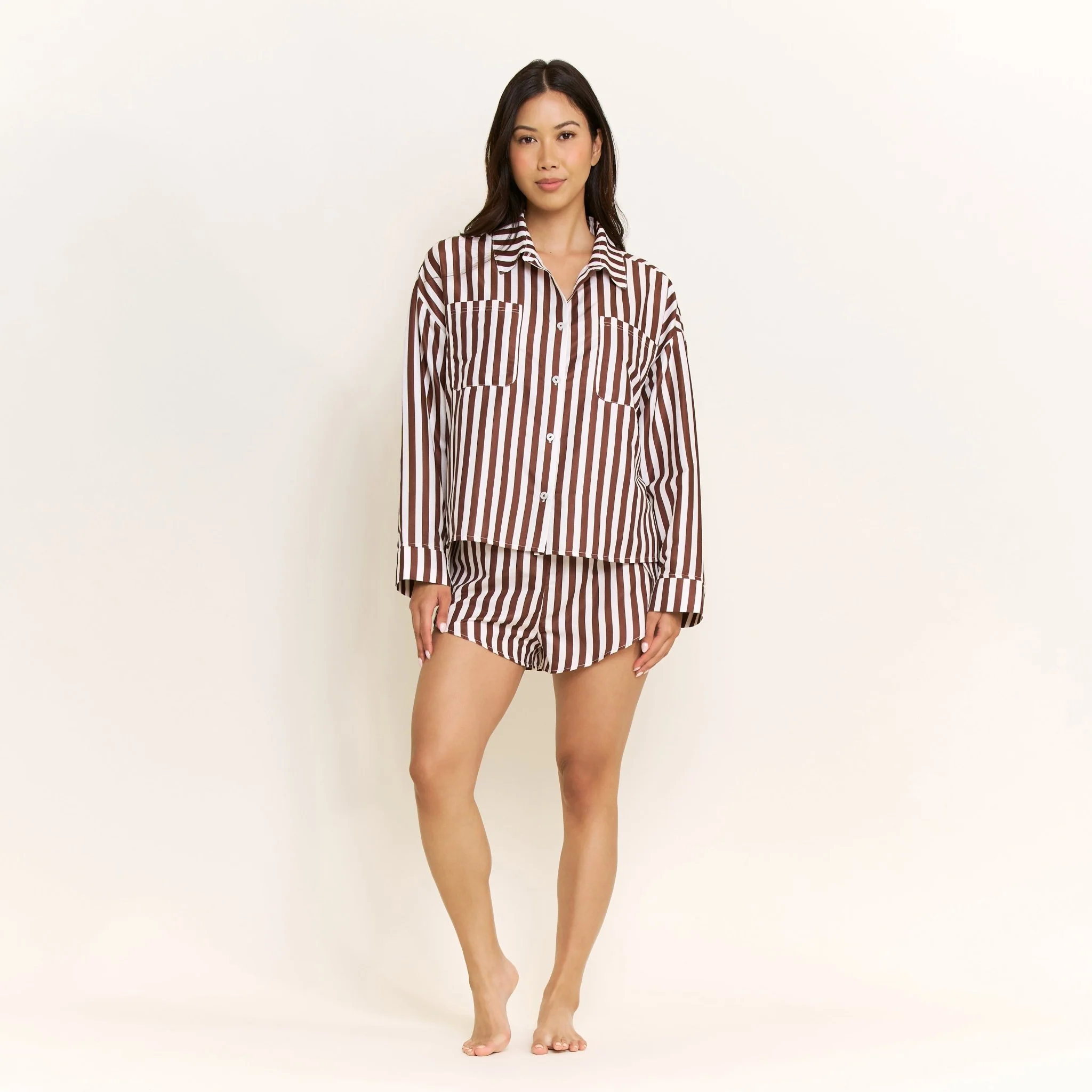 Brunch Date Long Sleeve Shortie PJ Set in Chocolate Stripe - Image 2