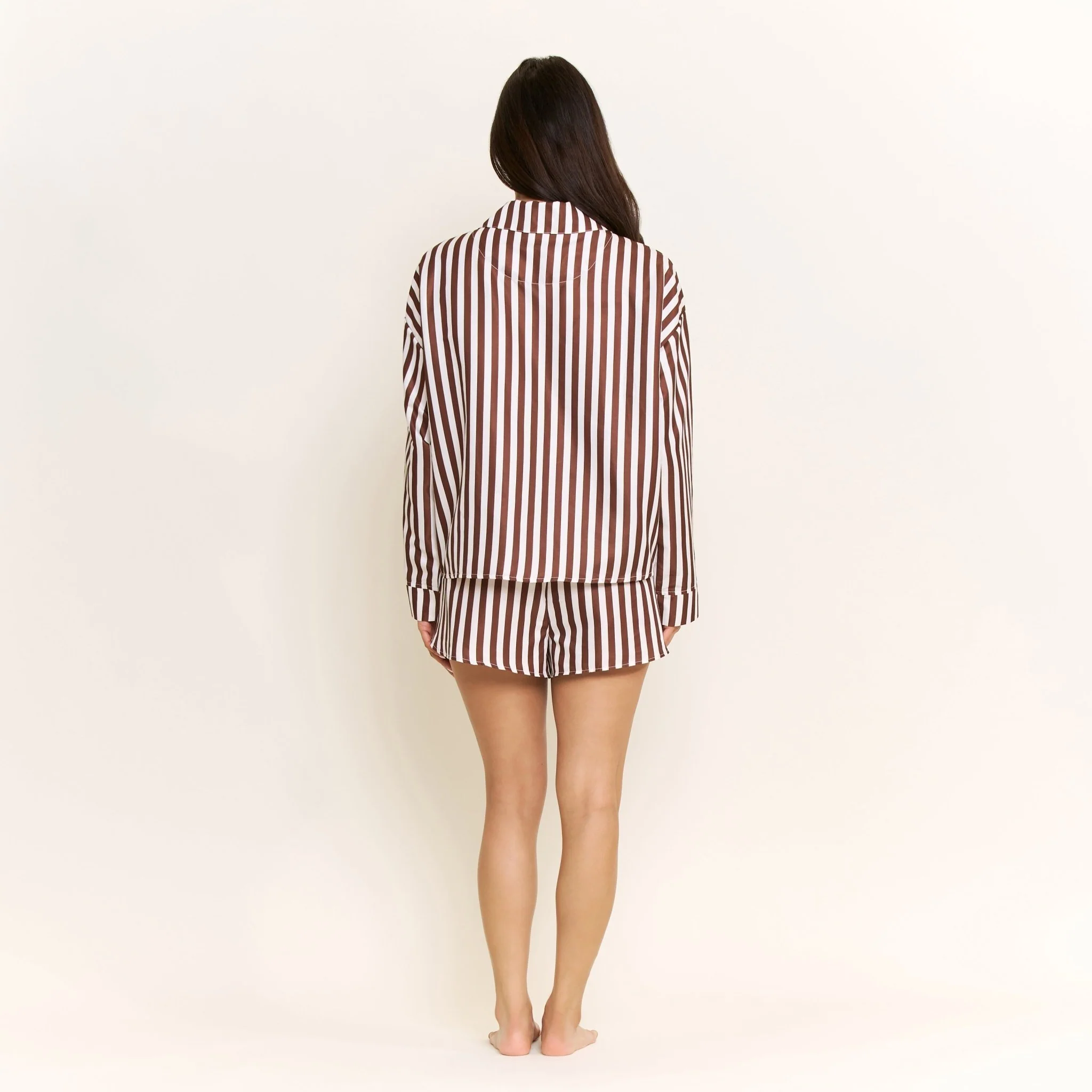 Brunch Date Long Sleeve Shortie PJ Set in Chocolate Stripe - Image 4