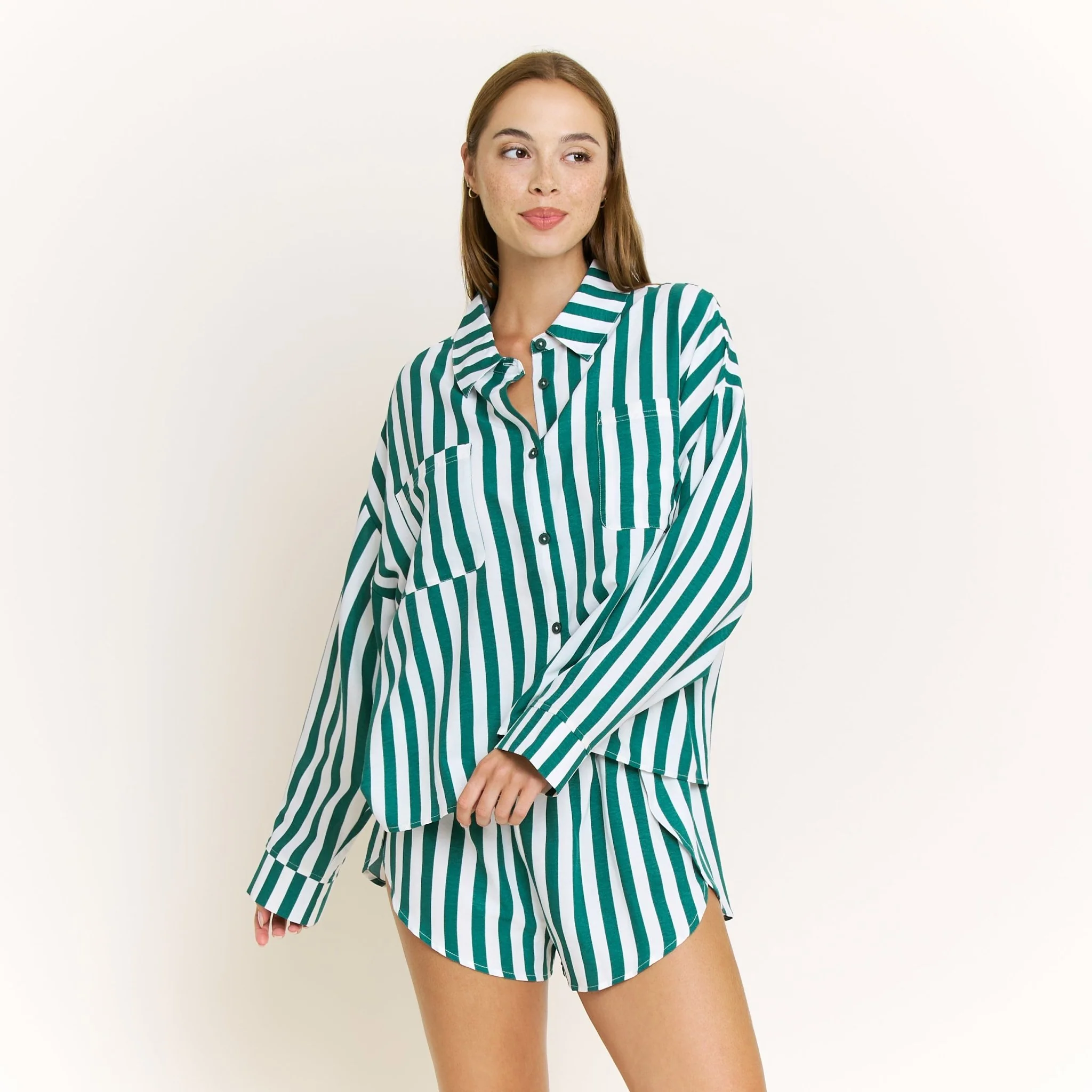 Brunch Date Long Sleeve Shortie PJ Set in Mistletoe Stripe