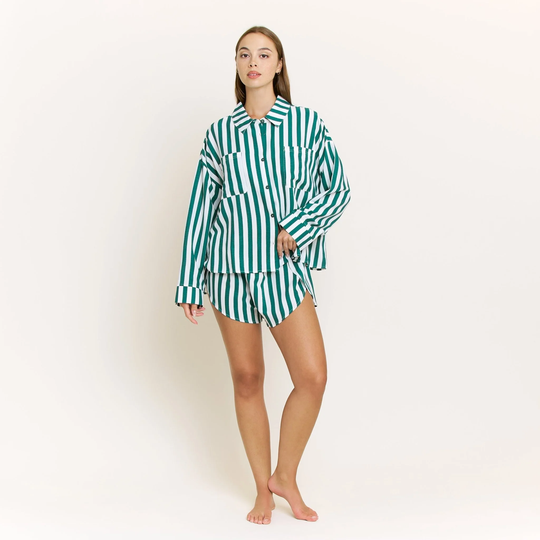 Brunch Date Long Sleeve Shortie PJ Set in Mistletoe Stripe - Image 2