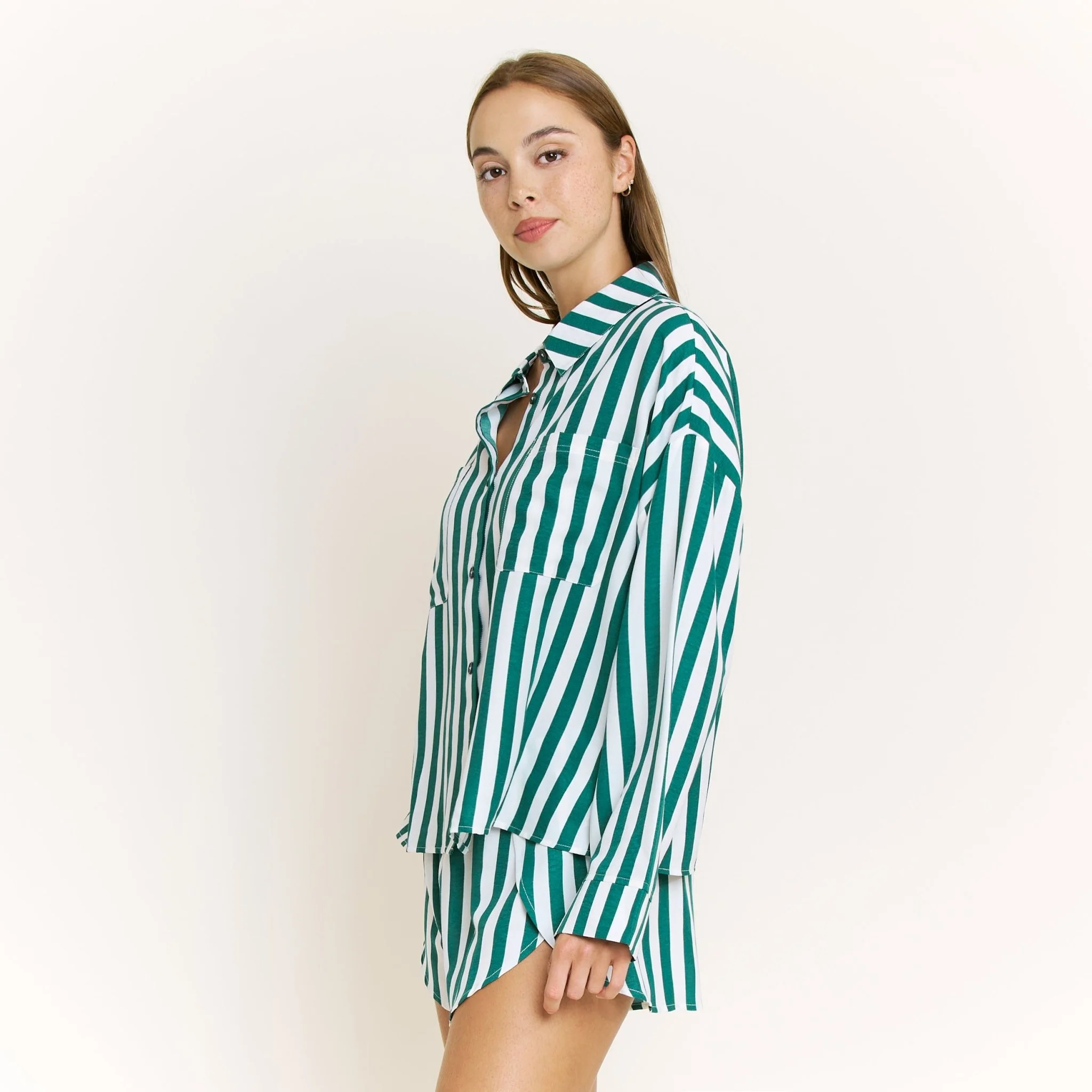 Brunch Date Long Sleeve Shortie PJ Set in Mistletoe Stripe - Image 3