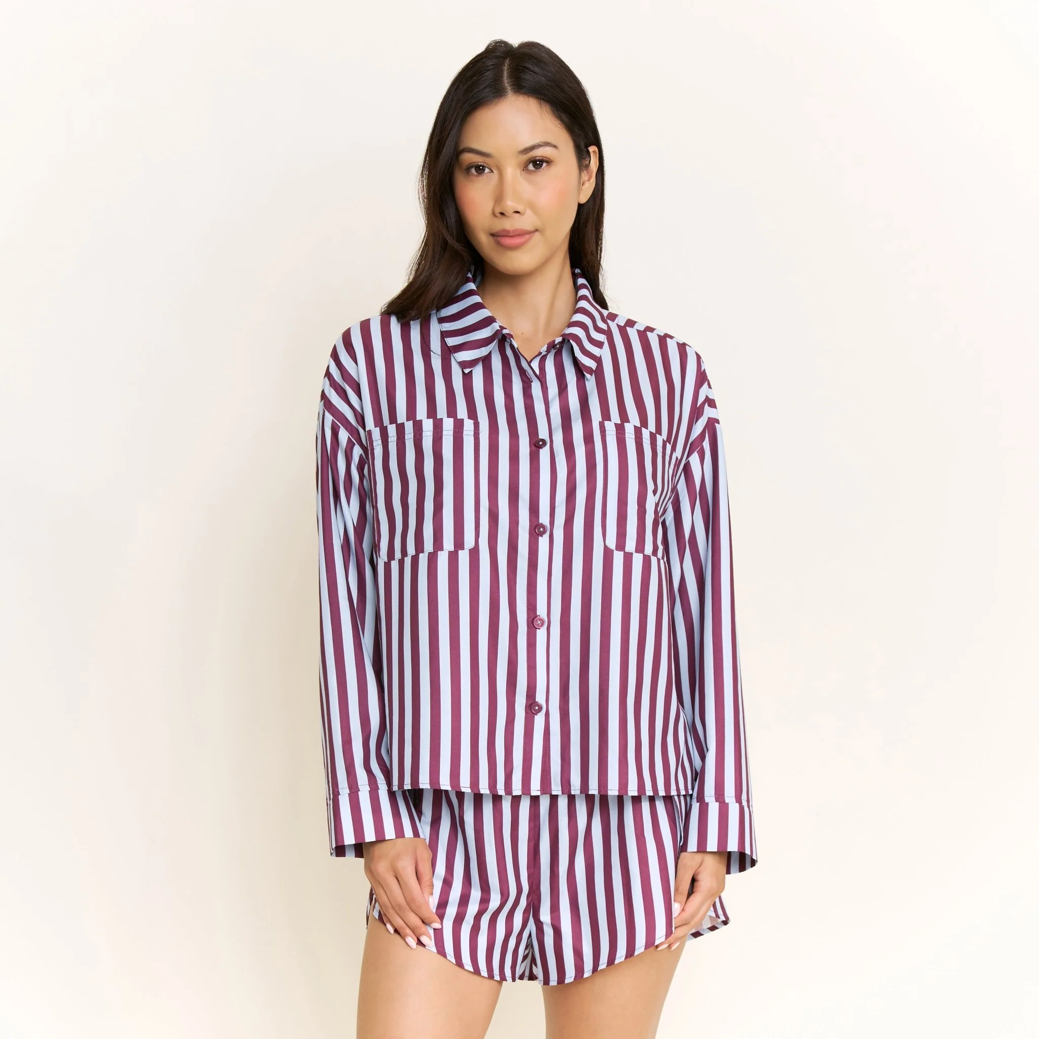 Brunch Date Long Sleeve Shortie PJ Set in Wine Stripe