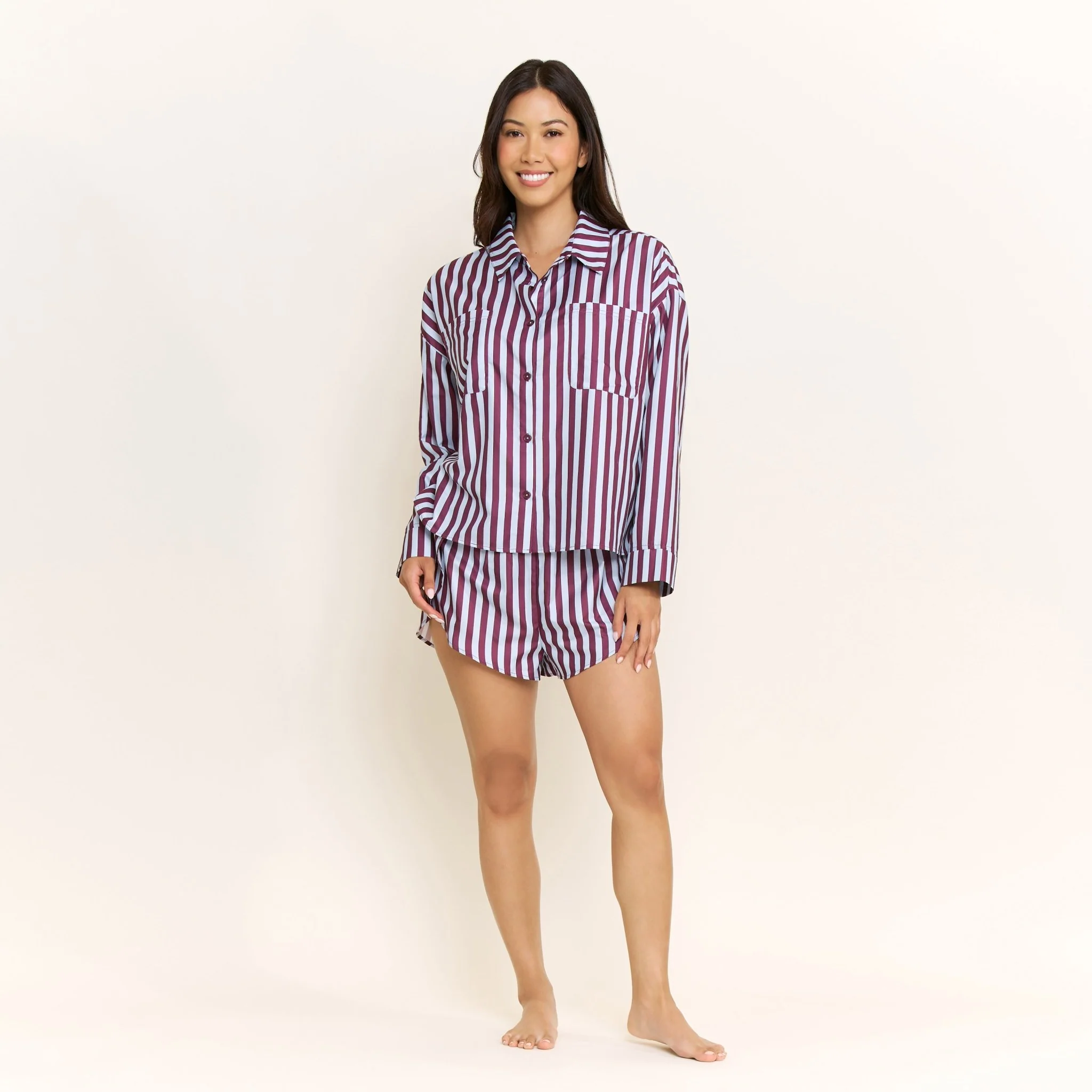 Brunch Date Long Sleeve Shortie PJ Set in Wine Stripe - Image 2