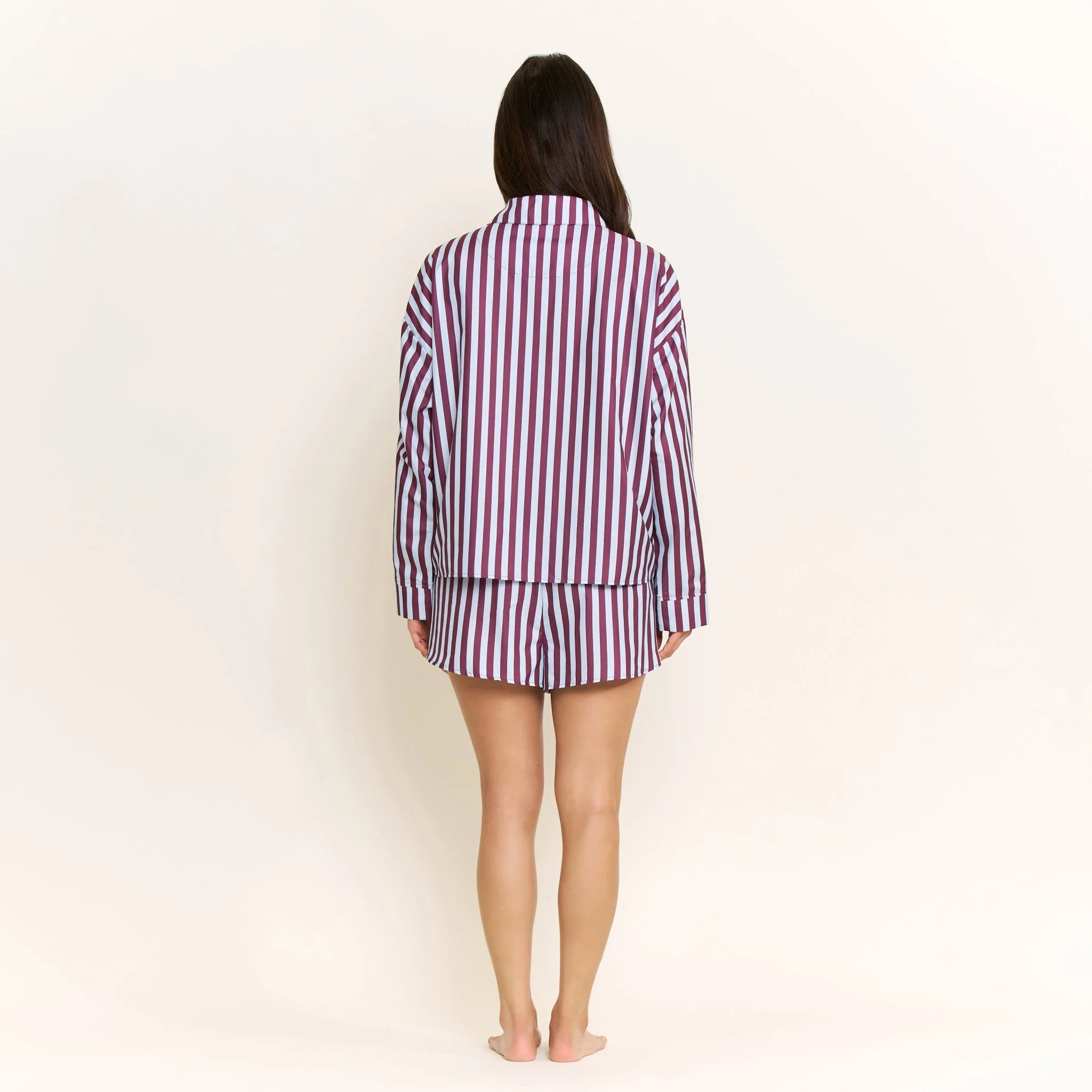 Brunch Date Long Sleeve Shortie PJ Set in Wine Stripe - Image 4