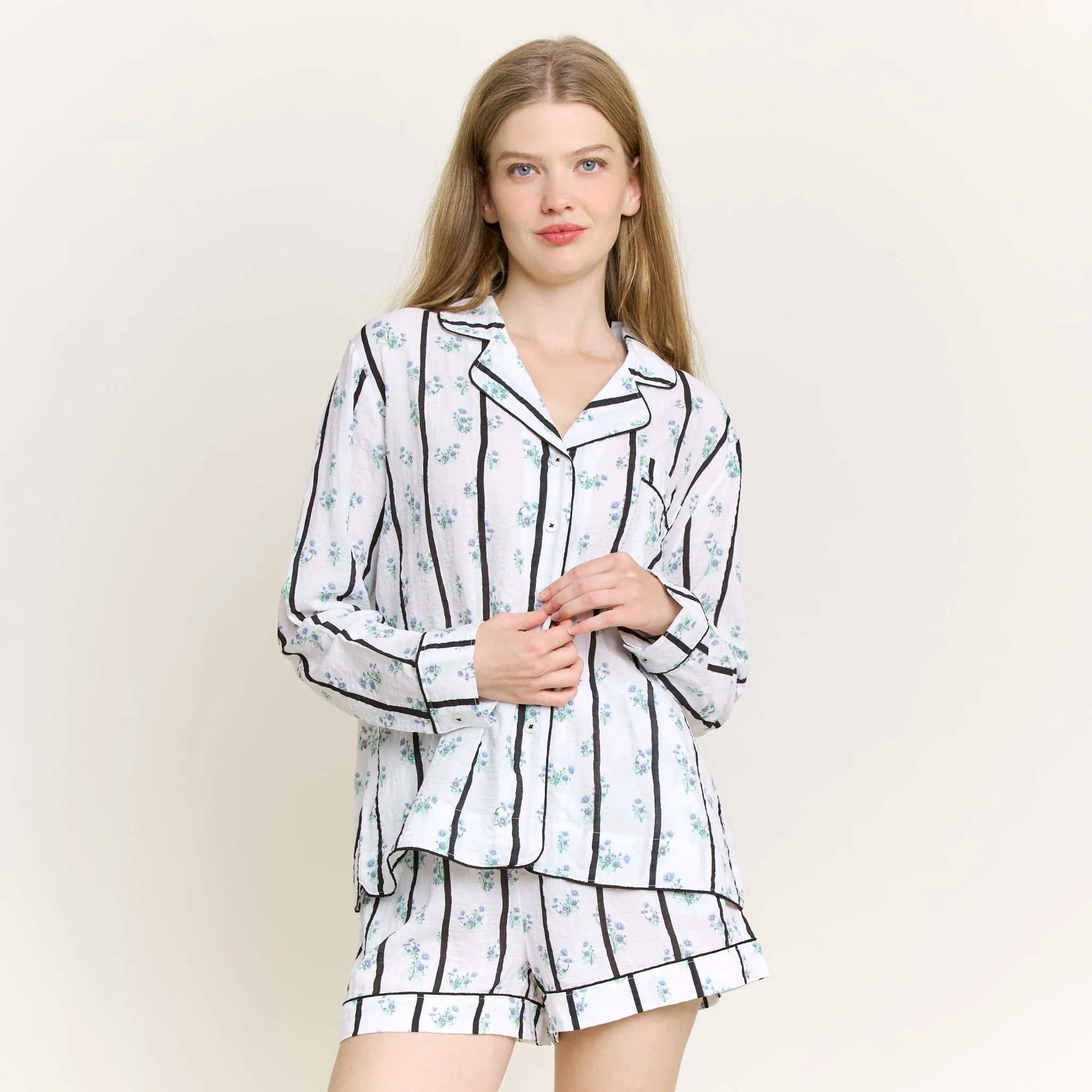 Good Life Long Sleeve Shortie PJ Set in Ditsy Stripe
