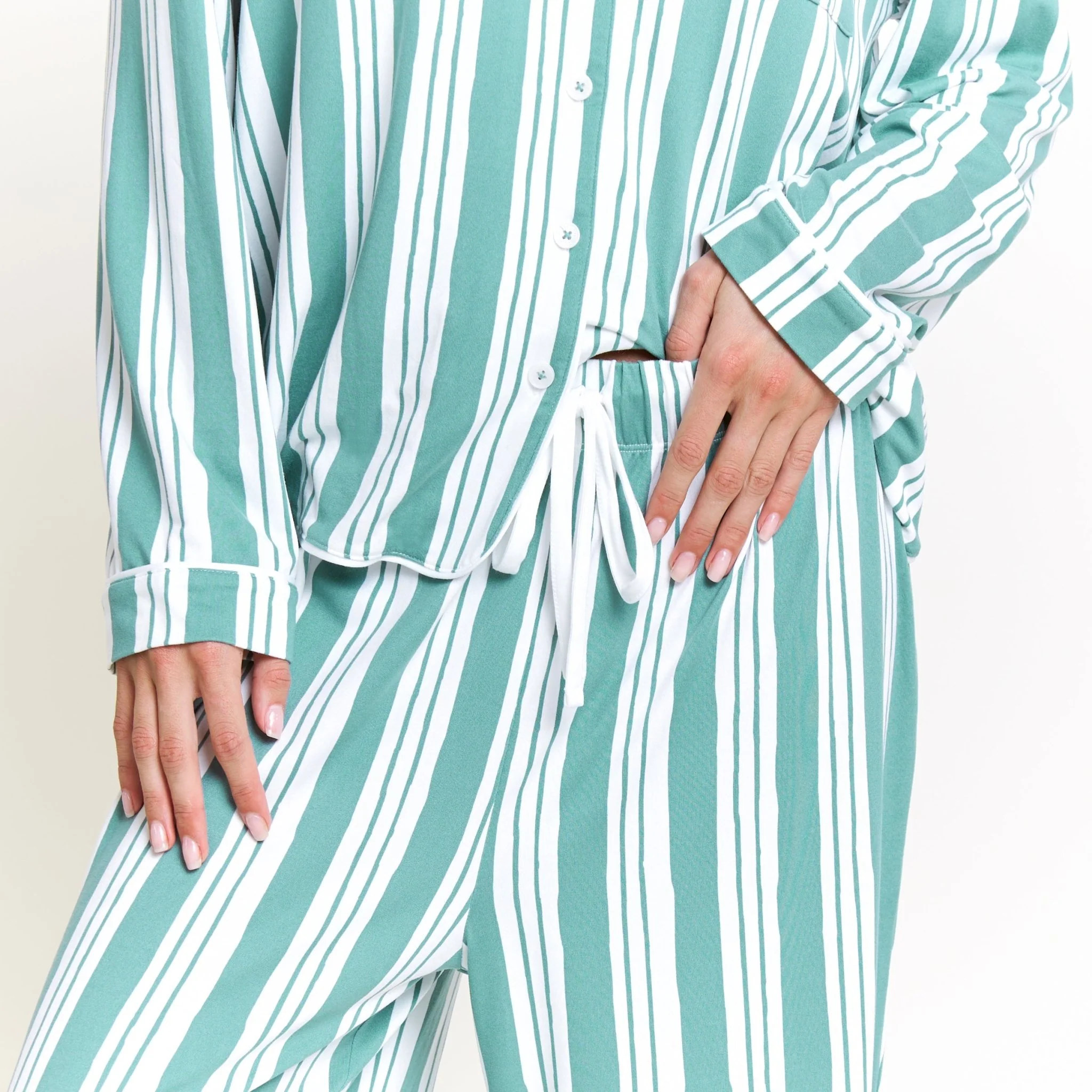 Quiet Night Long PJ Set in Jade Mist Cream Stripe - Image 2