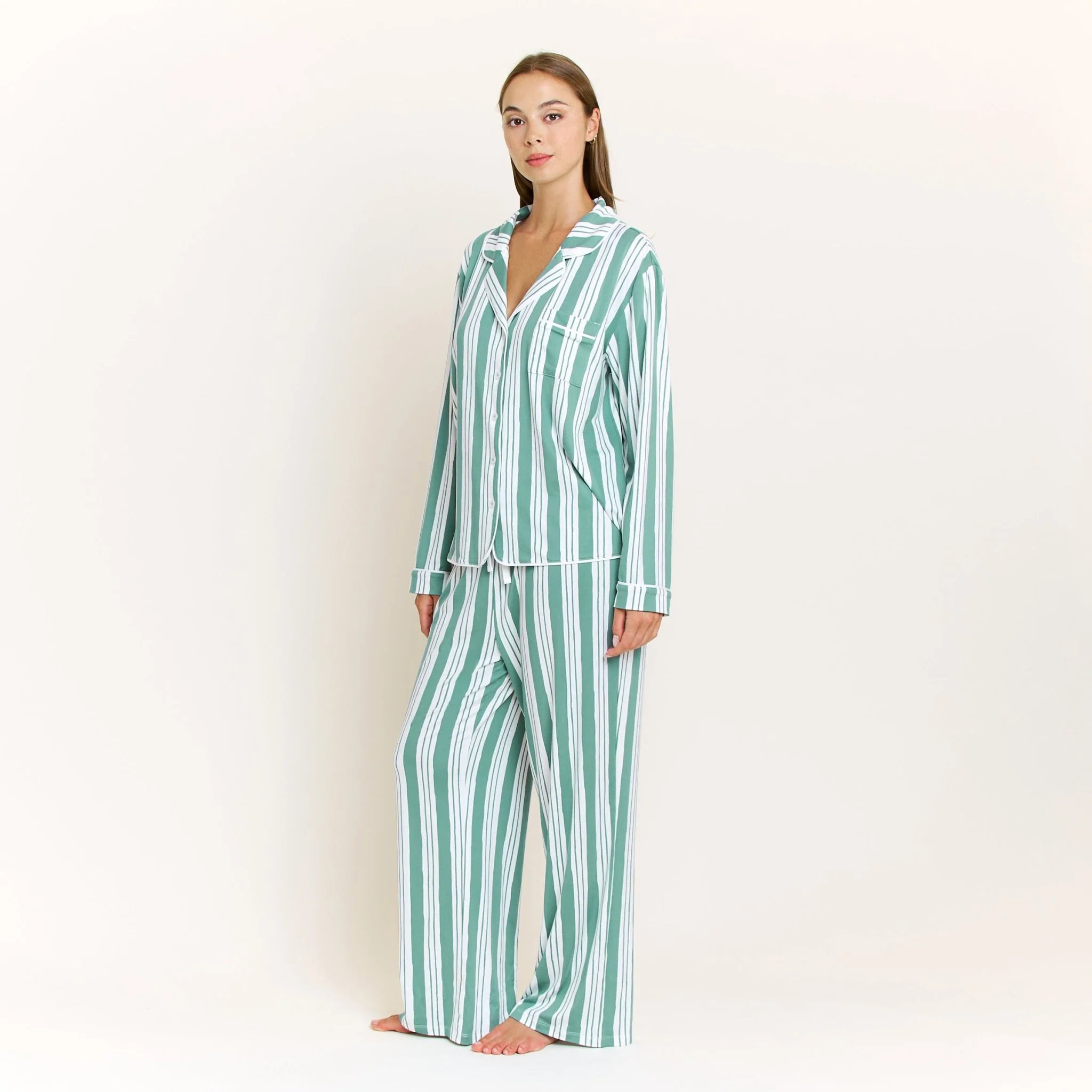 Quiet Night Long PJ Set in Jade Mist Cream Stripe - Image 3