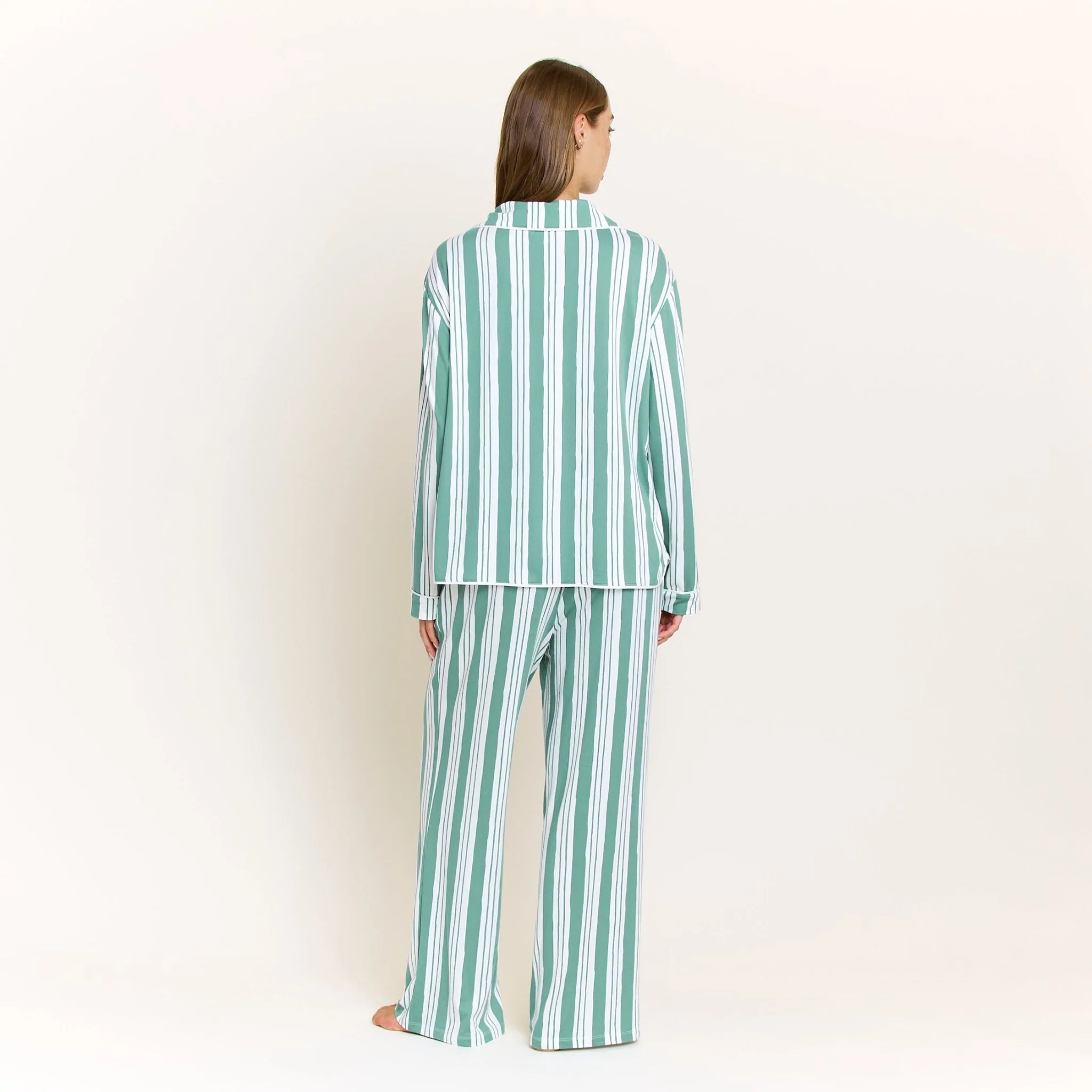 Quiet Night Long PJ Set in Jade Mist Cream Stripe - Image 4