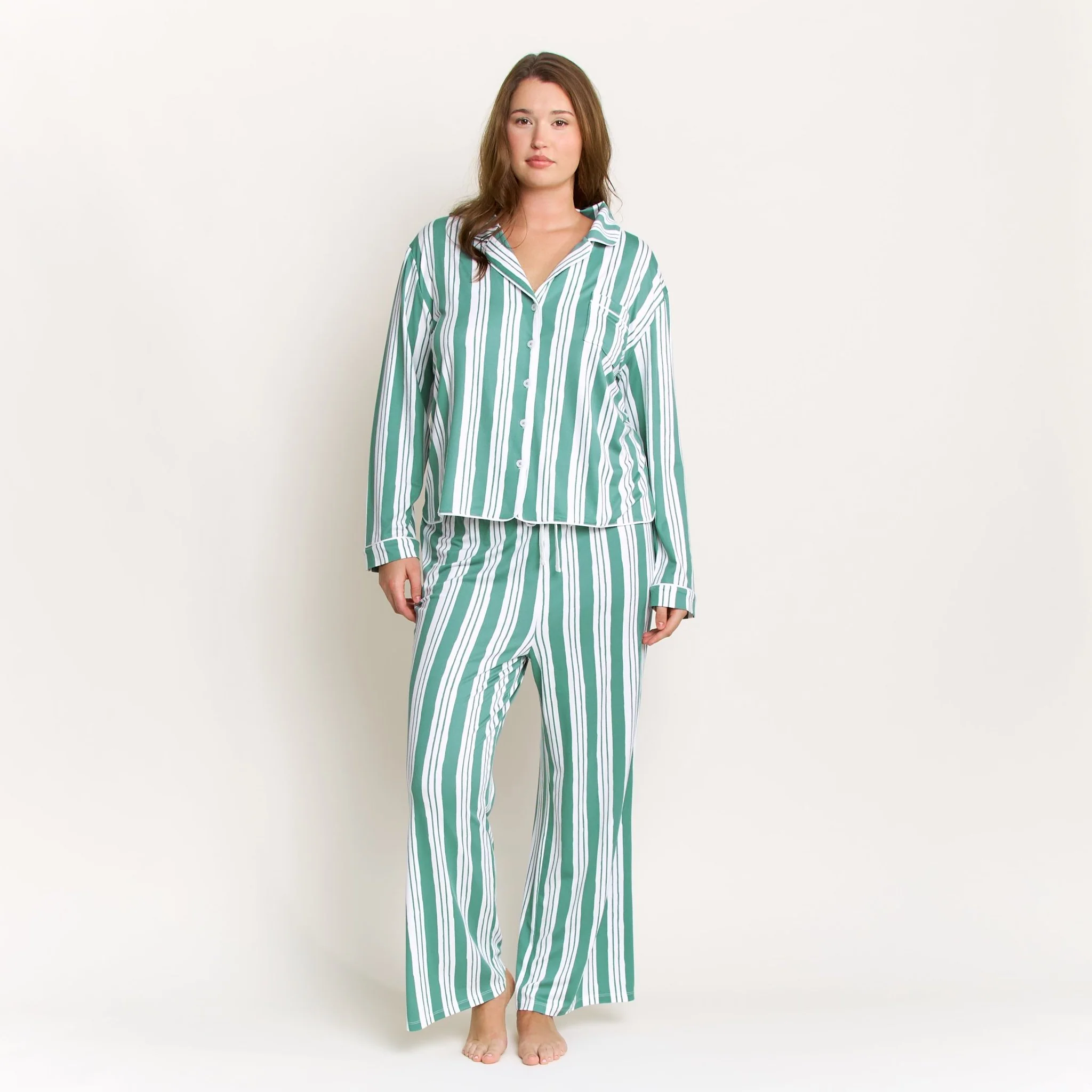 Quiet Night Long PJ Set in Jade Mist Cream Stripe - Image 5