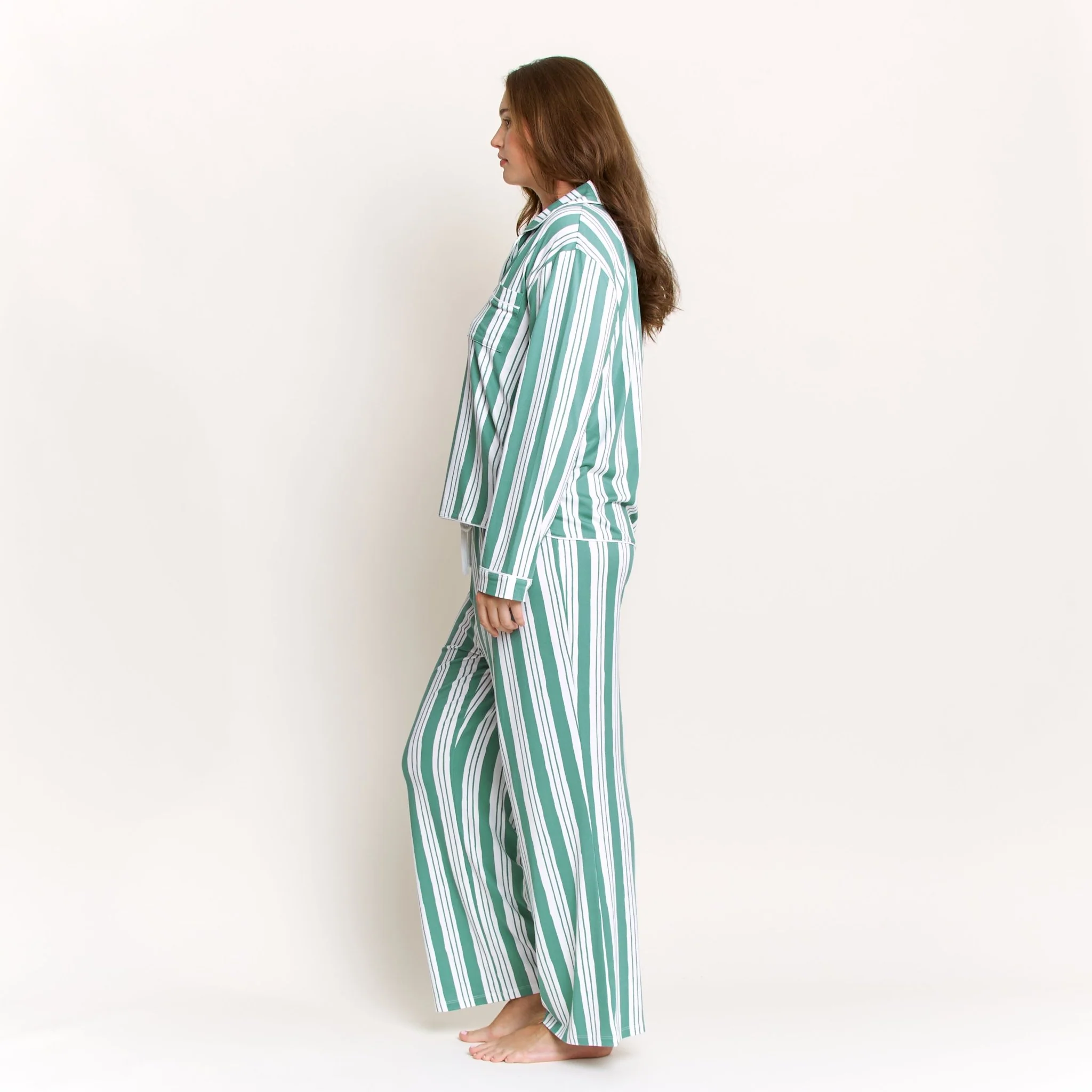 Quiet Night Long PJ Set in Jade Mist Cream Stripe - Image 6