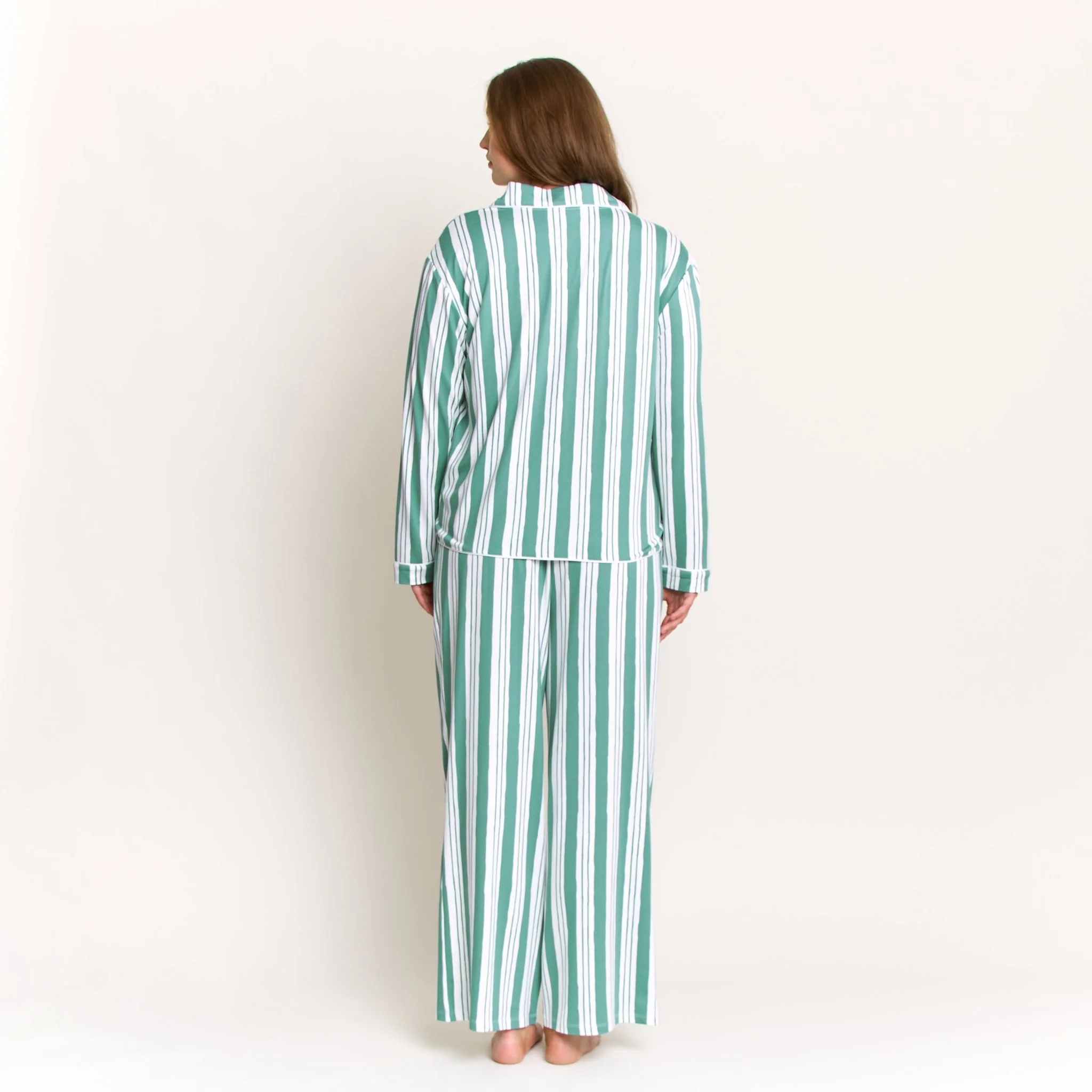 Quiet Night Long PJ Set in Jade Mist Cream Stripe - Image 8