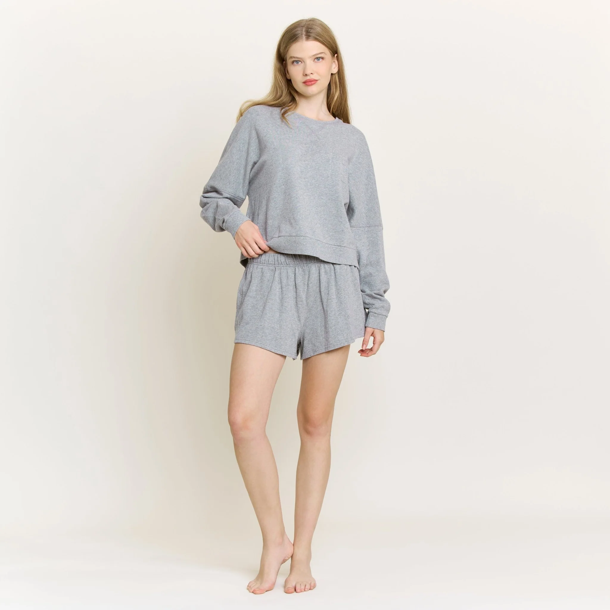 Weekend Club Long Sleeve Shortie Set in Heather Grey