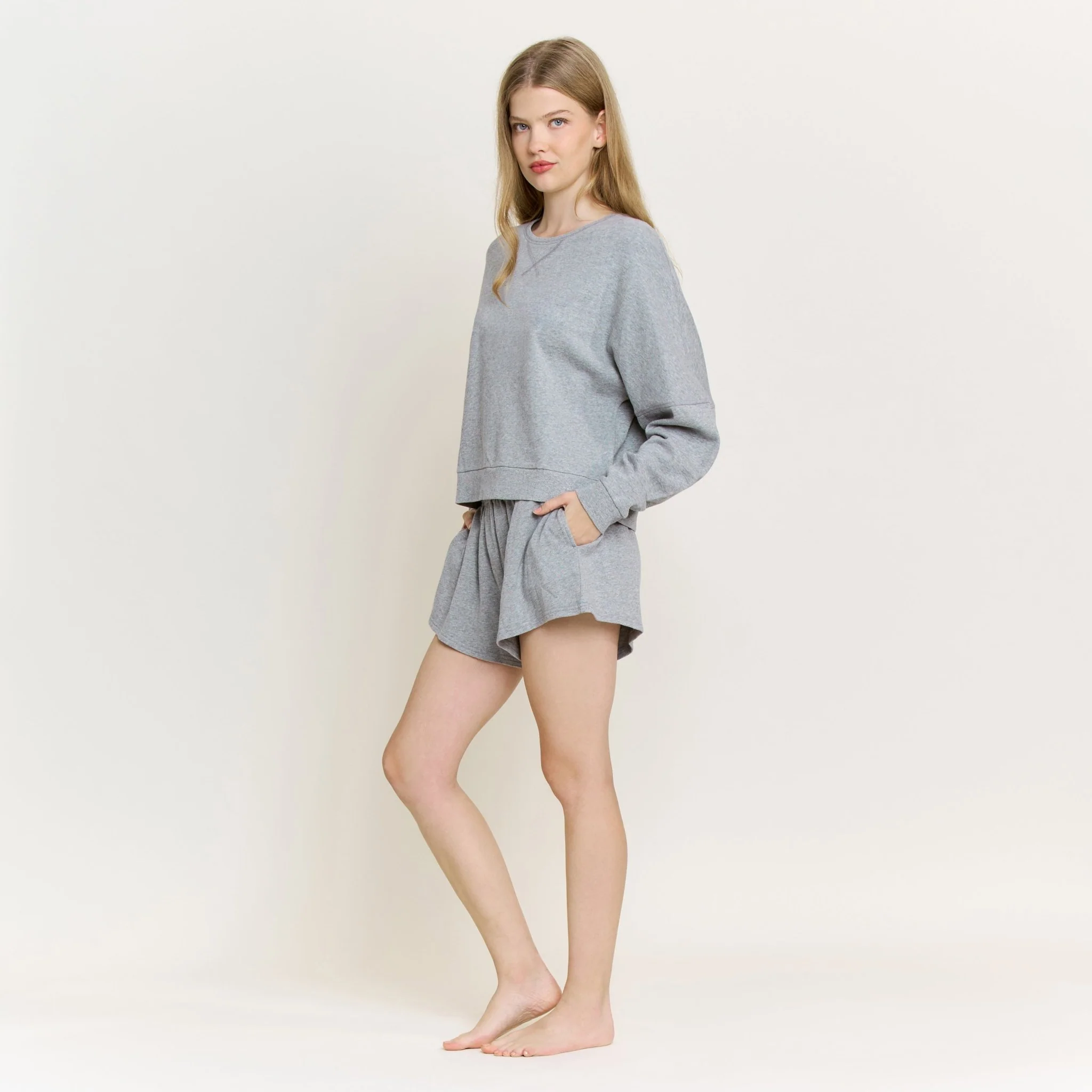 Weekend Club Long Sleeve Shortie Set in Heather Grey - Image 2
