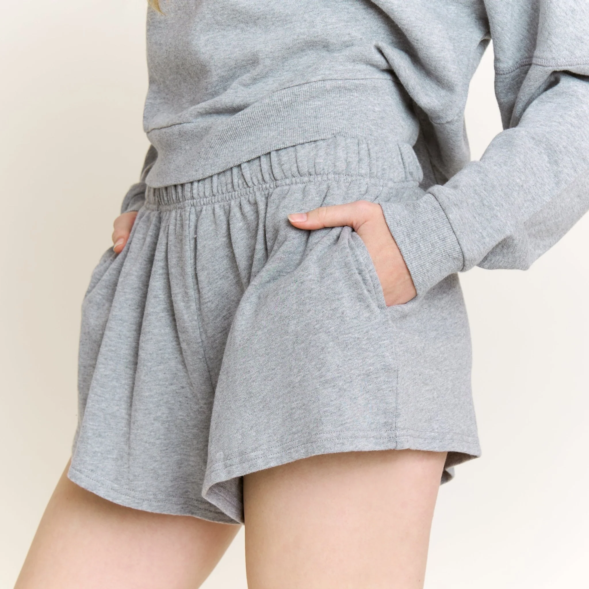Weekend Club Long Sleeve Shortie Set in Heather Grey - Image 4