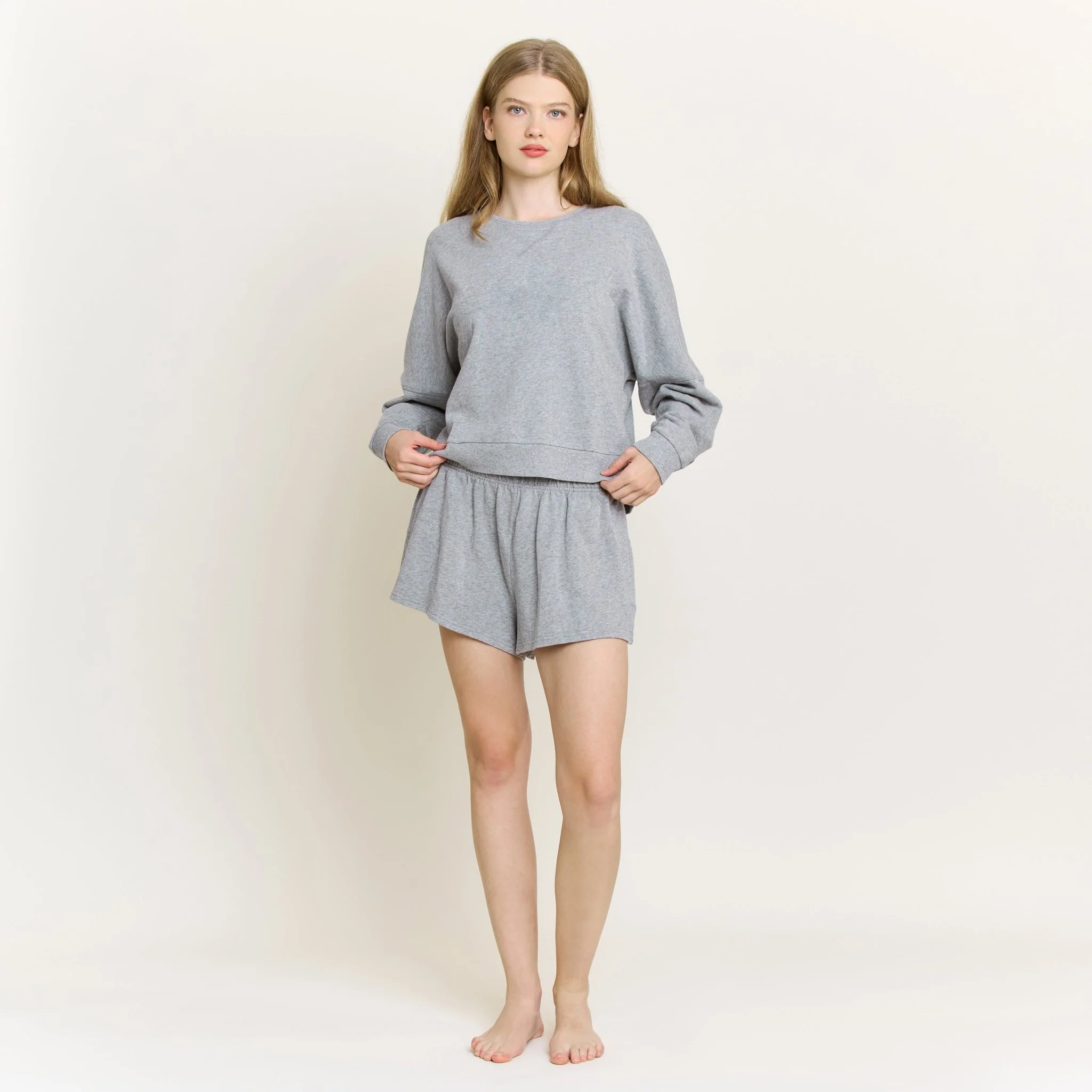 Weekend Club Long Sleeve Shortie Set in Heather Grey - Image 6